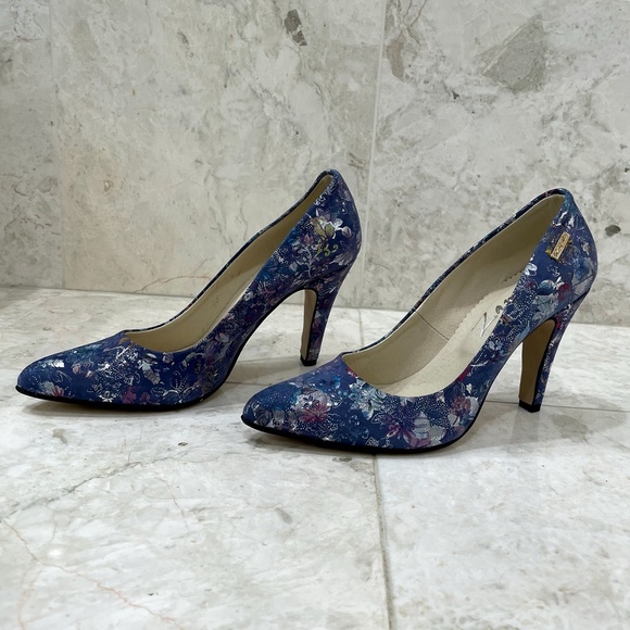 ZAPATO {38} Pumps Floral Fabric Blue Metallic Handmade - Picture 4 of 16